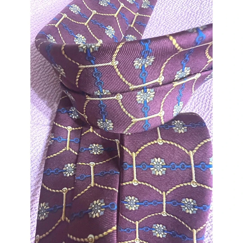 Tom James Mens Silk Tie Burgundy Gold Blue Geometric Chain Floral Pattern